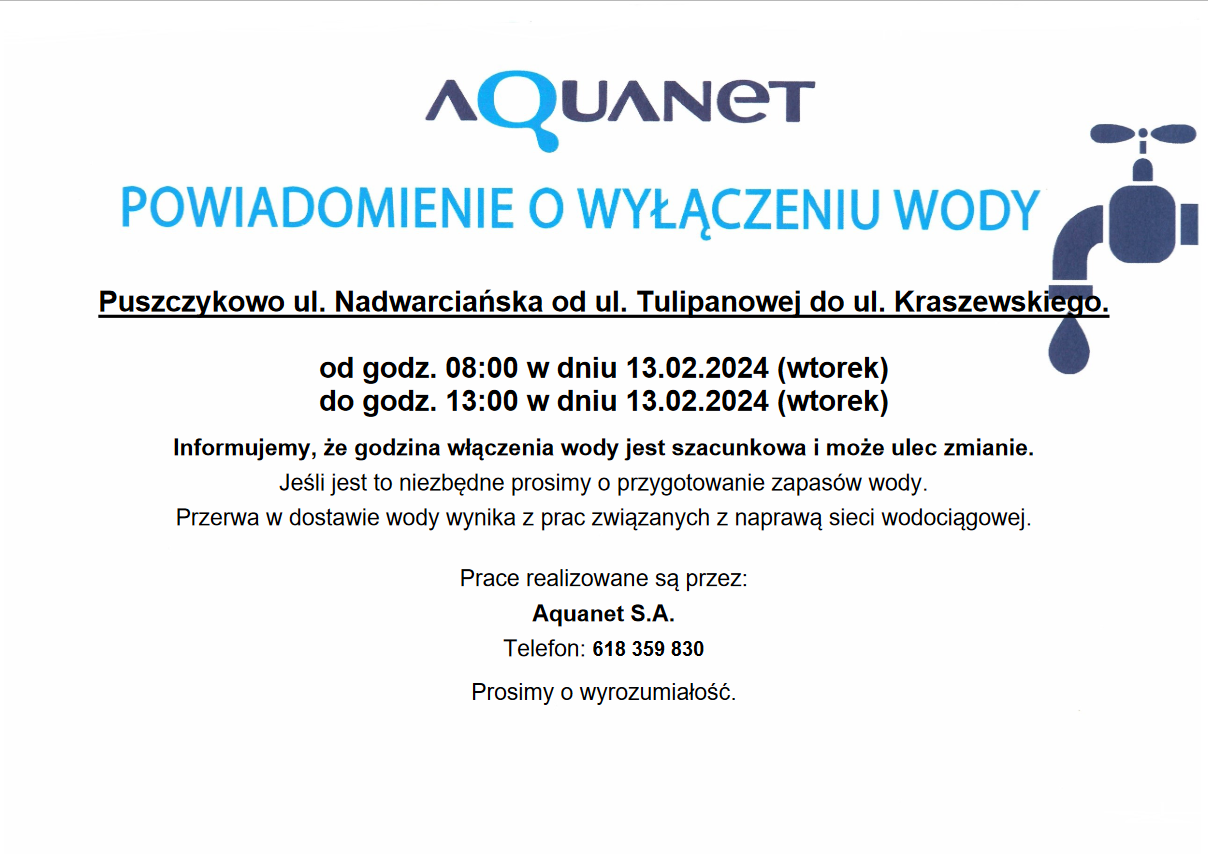 Aquanet informuje o wyłączeniu wody.