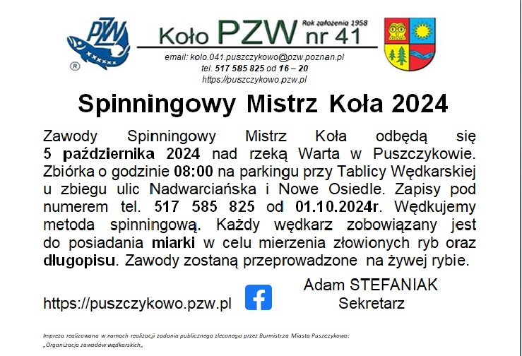 Koło PZW nr 41 zaprasza na zawody Spinningowy Mistrz Koła.