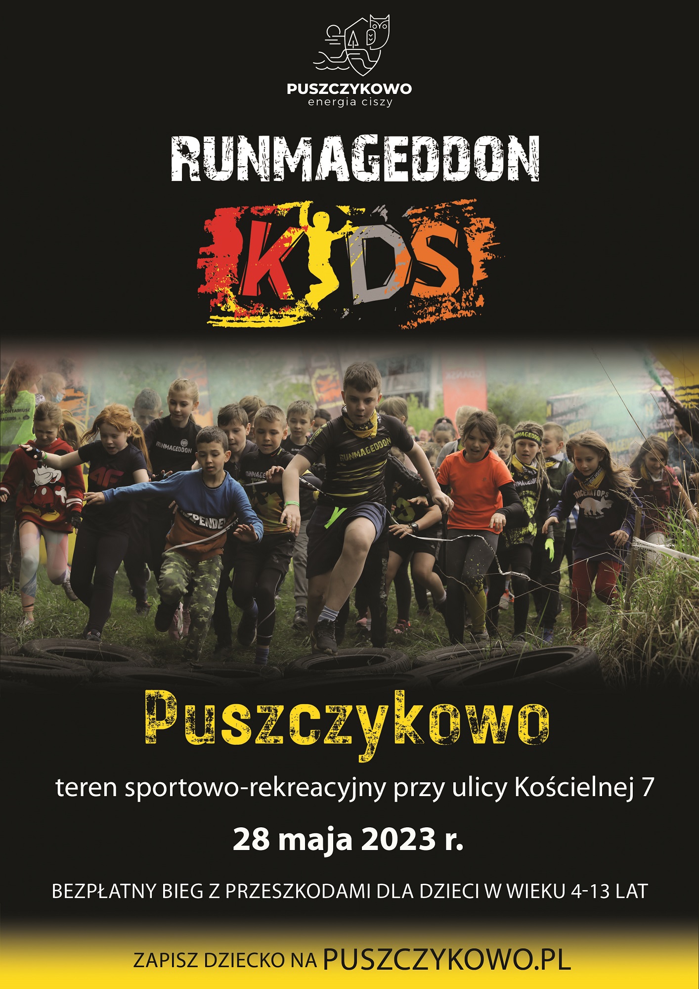 Zapraszamy najmłodszych mieszkańców Puszczykowa lub dzieci uczęszczające do puszczykowskich placówek oświatowych do udziału w Runmageddon Kids, czyli specjalnie dostosowanej dziecięcej wersji najbardziej ekstremalnego biegu przeszkodowego.