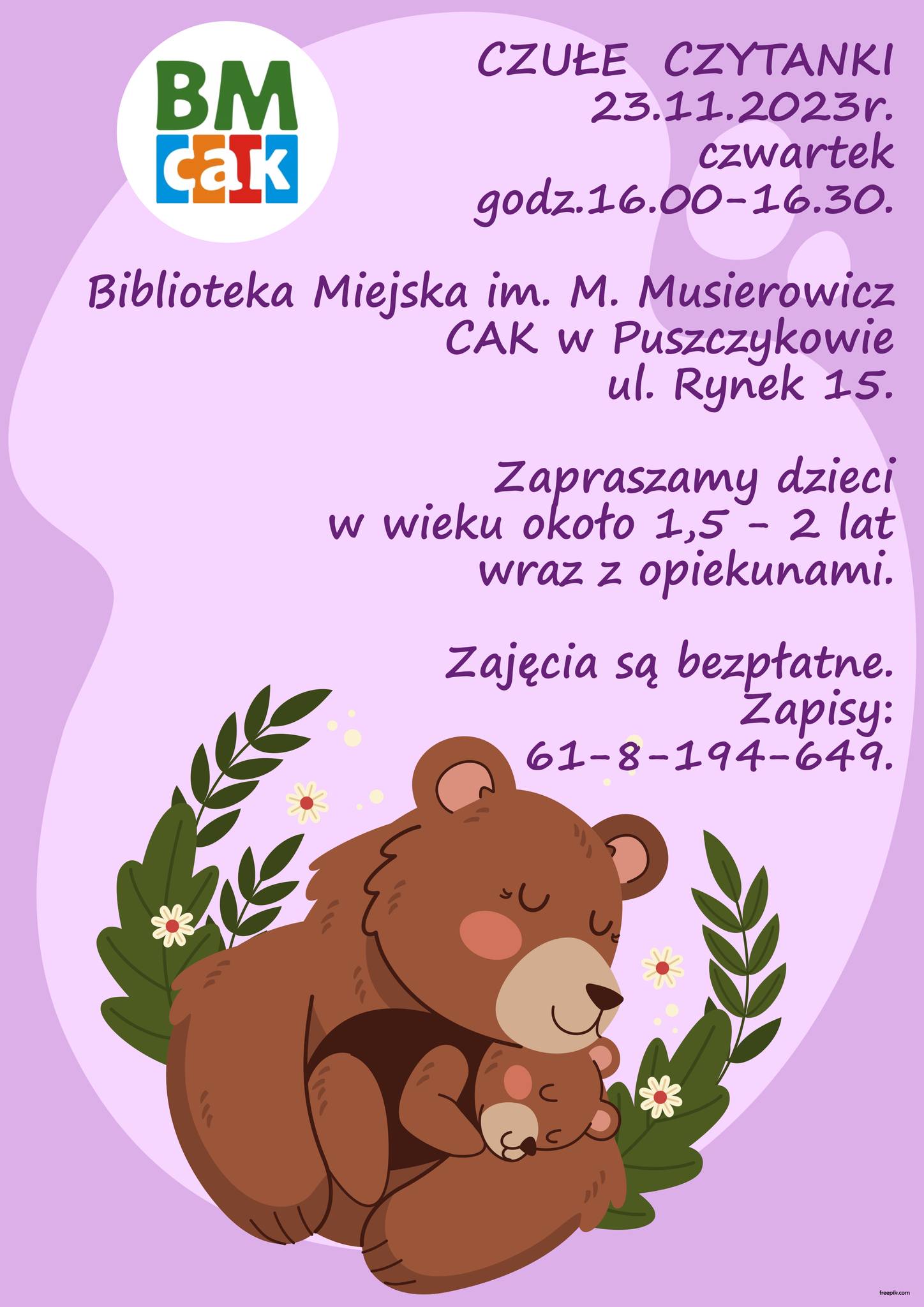Biblioteka Miejska w Puszczykowie zaprasza na Czułe Czytanki, czyli spotkanie dla najmłodszych czytelników wraz z opiekunami.