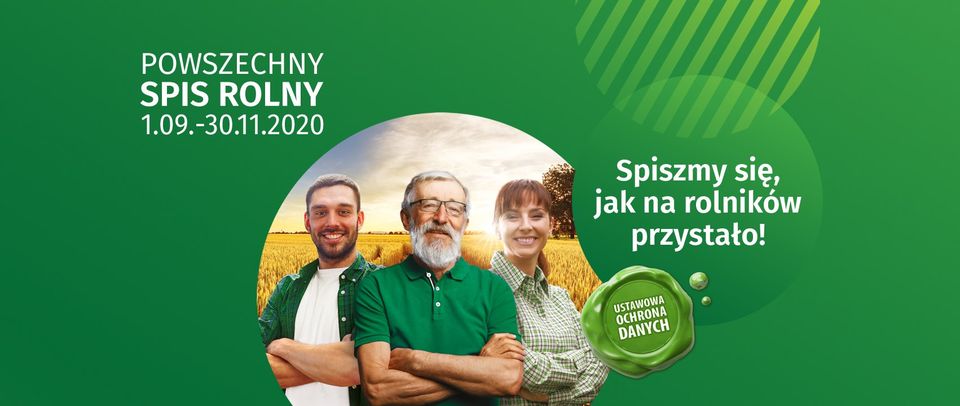 Zielone tło. Pośrodku ogrągłe zdjęcie trzech postaci: młodego mężczyzny, starszego mężczyzny i młodej kobiety. Stoją na tle pola z łanami zbóż.