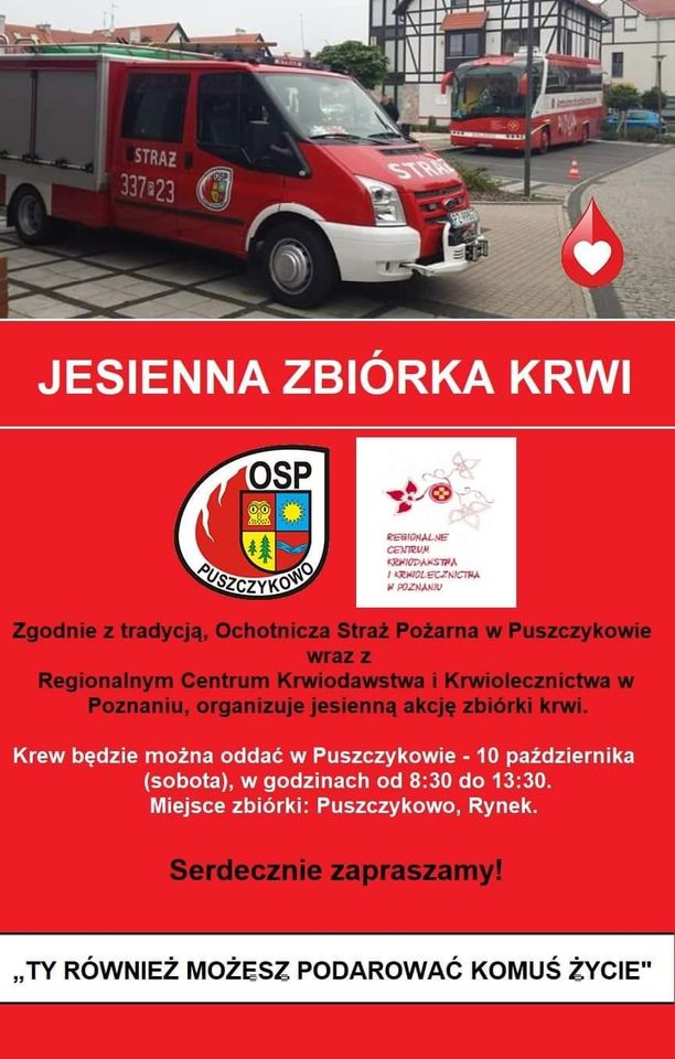 Czerwone tło z logotypem OSP Puszczykowo i RCK Poznań. Powyżej zdjęcie czerwonego wozu strażackiego na puszczykowskim Rynku.