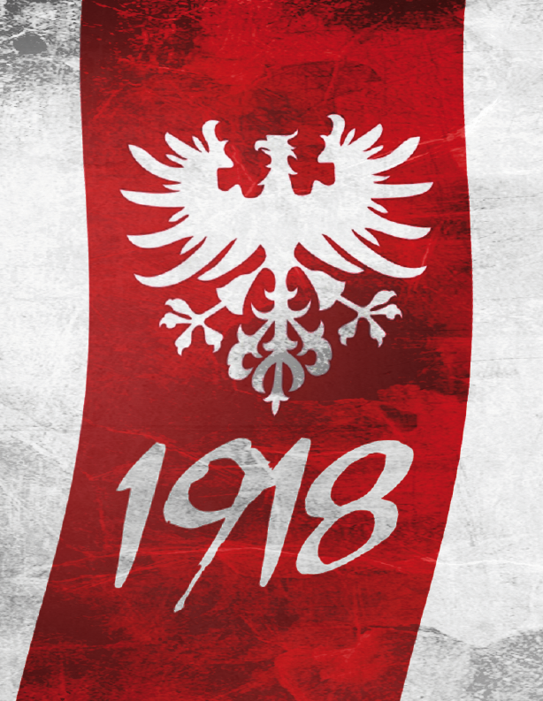 Flaga Powstania Wielkopolskiego. Czerwona z białym orłem. Poniżej rok 1918.