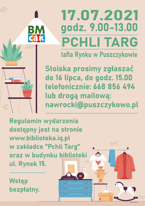 Biblioteka Miejska w Puszczykowie zaprasza na pchli targ, który odbędzie się 17 lipca w godzinach 9:00-13:00.