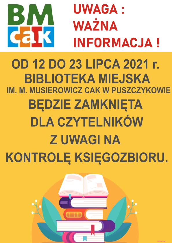 W dniach od 12 do 23 lipca Biblioteka Miejska w Puszczykowie będzie zamknięta ze względu na kontrolę księgozbioru.