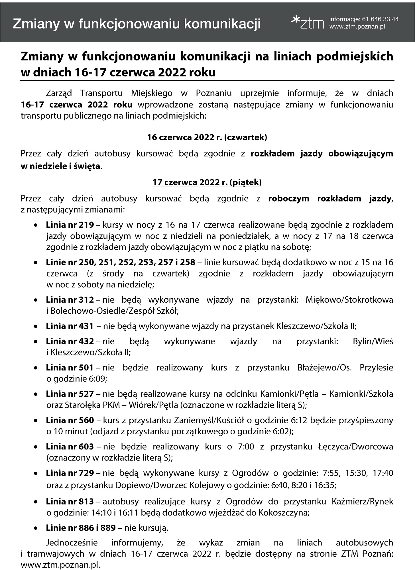 Zmiany w funkcjonowaniu komunikacji na liniach podmiejskich w dniach 16-17 czerwca br.