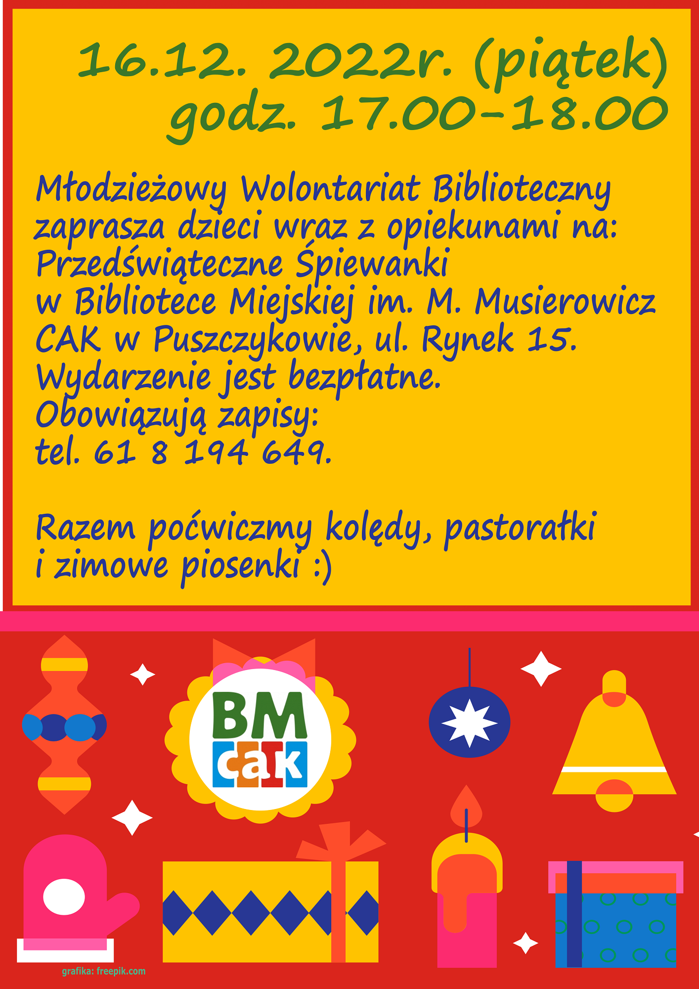 Biblioteka Miejska w Puszczykowie zaprasza na przedświąteczne śpiewanki.