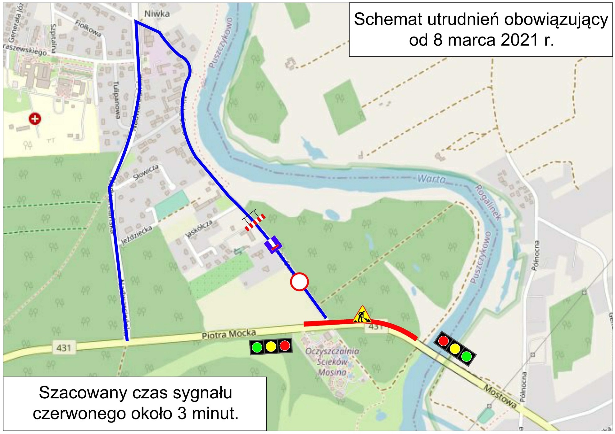 Mapa z narysowanym schematem utrudnień.
