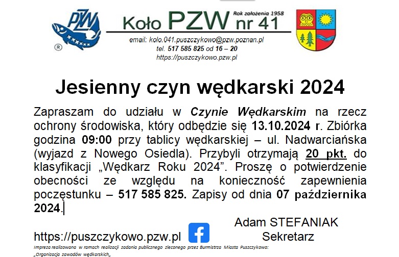 Koło PZW nr 41 w Puszczykowie zaprasza do udziału!