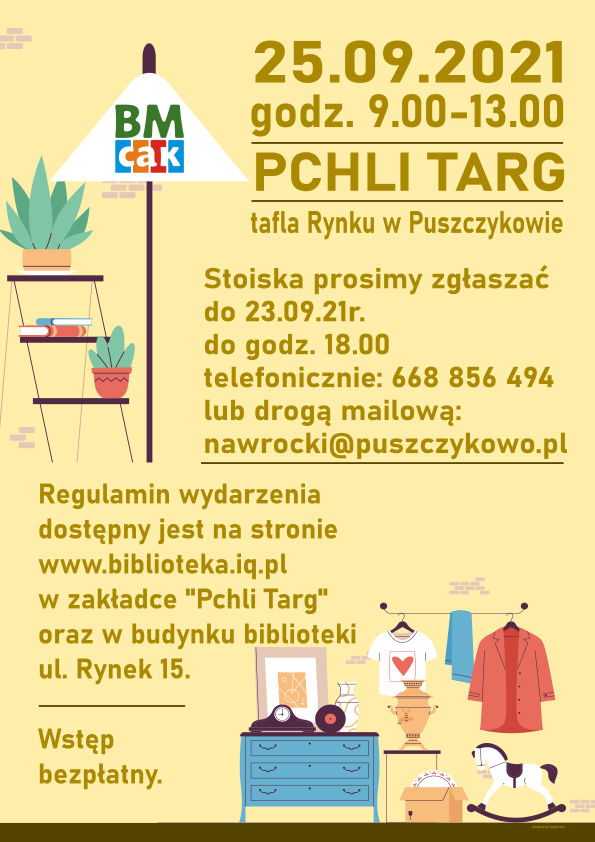 Zapraszamy na kolejny "Pchli Targ" w Puszczykowie, który odbędzie się 25 września br., w godzinach od 9.00 do 13.00 na Rynku w Puszczykowie - przed budynkiem biblioteki.