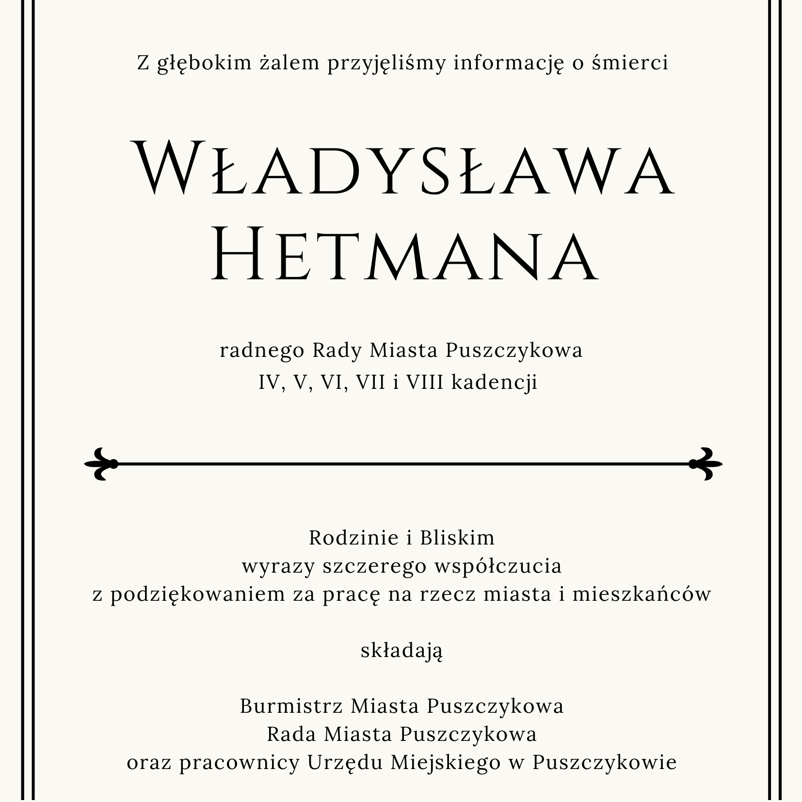 Informacja o śmiweci radnego Władysława Hetmana