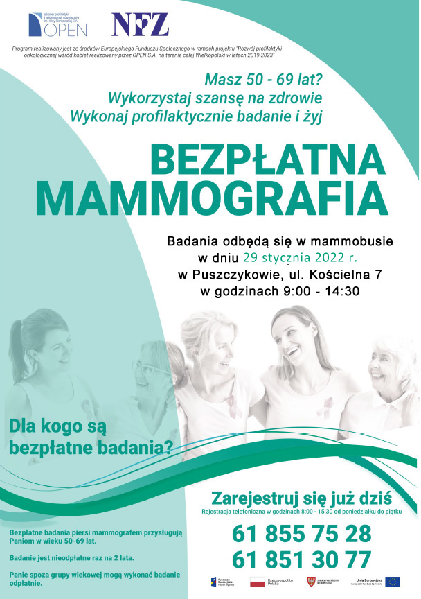 Zachęcamy do skorzystania z możliwości wykonania badania mammograficznego w mammobusach Ośrodka Profilaktyki i Epidemiologii Nowotworów w Poznaniu. 