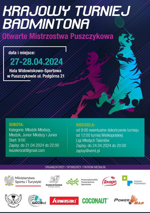 Zapraszamy na Krajowy Turniej Badmintona i Otwarte Mistrzostwa Miasta Puszczykowa.