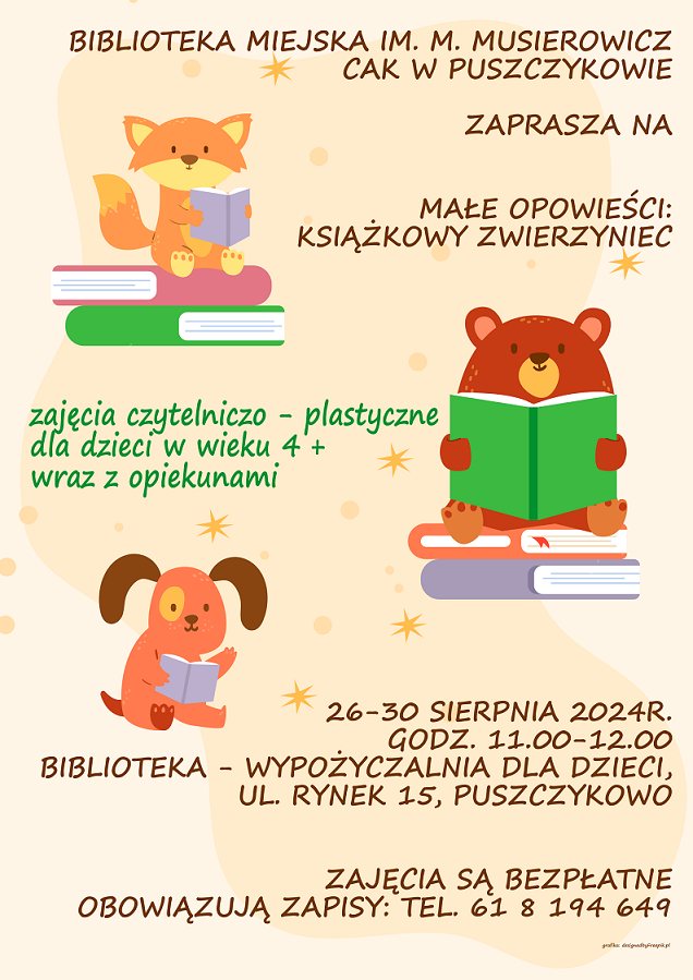 Biblioteka zaprasza dzieci w wieku 4+ wraz z opiekunami na bezpłatne zajęcia czytelniczo-plastyczne.