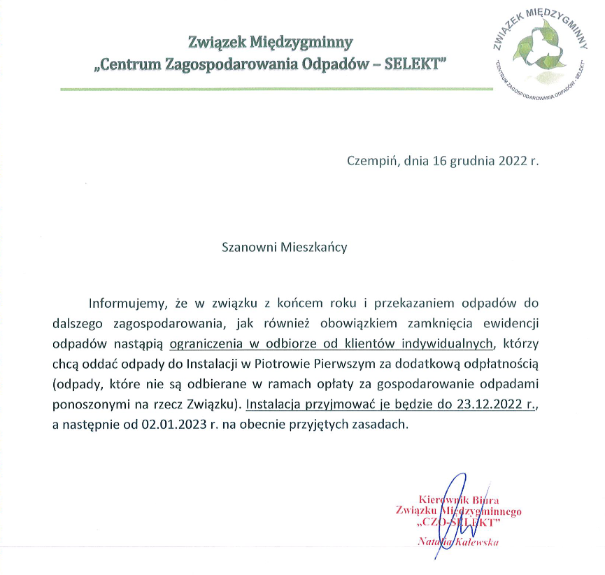 Związek Międzygminny Centrum Zagospodarowania Odpadów SELEKT informuje o ograniczeniach w odbiorze od klientów indywidualnych w Piotrowie Pierwszym.