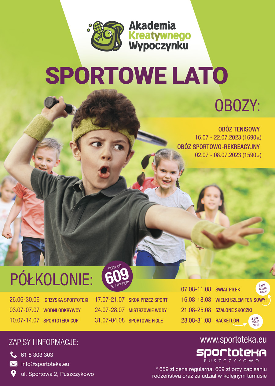 Sportoteka - plakat informacyjny dot. półkolonii dla dzieci